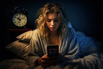 young girl teenager in bed in the dark at night with a mobile phone - obrazy, fototapety, plakaty
