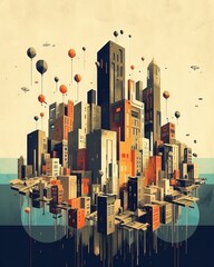 Digital illustration of cityscape, AI-generative