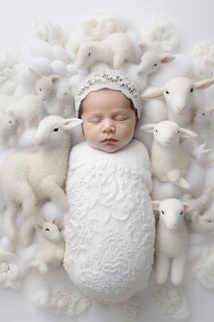 cute baby sleeps sweetly on white background with sheep vertical photo