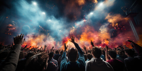 Enthusiastic Crowd Cheering at a Live Rock Concert, Surrounded by Dazzling Stage Lights and Falling Confetti 