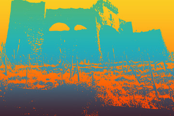Rovine di castello lugubre con tramonto infuocato - obrazy, fototapety, plakaty
