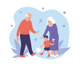 Cartoon grandparents kick the ball with grandson, play with boy, have fun together, vector Illustration on blue floral