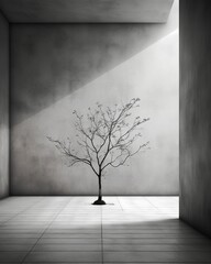 Tree in the room with dramatic lighting, AI-generative