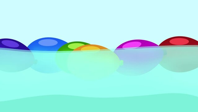 Colorful balloons filled with water rise and fall in the water following the water waves,4k , 2d animation, animation background