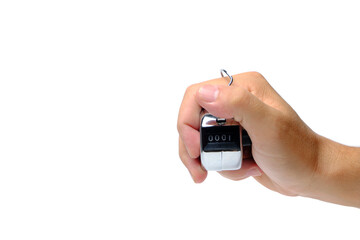 Manual mechanical counter in hand on white background.