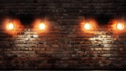 Fototapeta na wymiar Three lamps on a brick wall in a dark room