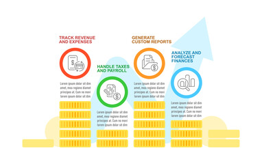 Accounting infographic chart design template. Money tracking. Bookkeeping software. Editable infochart with icons. Instructional graphics with step sequence. Visual data presentation. Arial font used