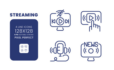 Streaming linear desktop icons set. Multimedia content. Online entertainment. News broadcast. Pixel perfect 128x128, outline 4px. Isolated user interface elements pack for website. Editable stroke