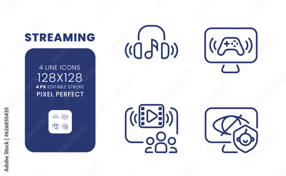 Poster streaming linear desktop icons set. family-friendly programming. online entertainment. pixel perfect