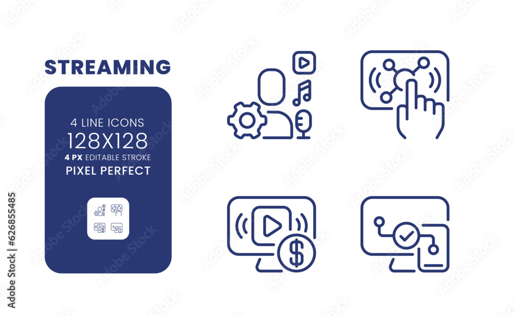 Aufkleber streaming linear desktop icons set. live interactive content. digital marketing. smart tv. pixel per