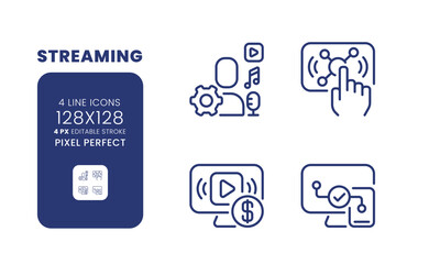 Streaming linear desktop icons set. Live interactive content. Digital marketing. Smart TV. Pixel perfect 128x128, outline 4px. Isolated user interface elements pack for website. Editable stroke