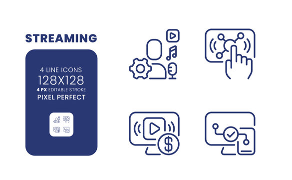 Streaming linear desktop icons set. Live interactive content. Digital marketing. Smart TV. Pixel perfect 128x128, outline 4px. Isolated user interface elements pack for website. Editable stroke