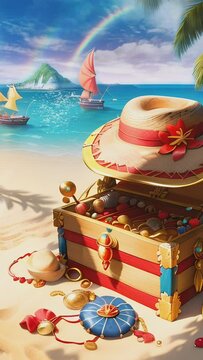 Tropical beach during summer with straw hat and pirate treasure chest. Cartoon or anime illustration style. seamless looping time-lapse vertical video animation background.