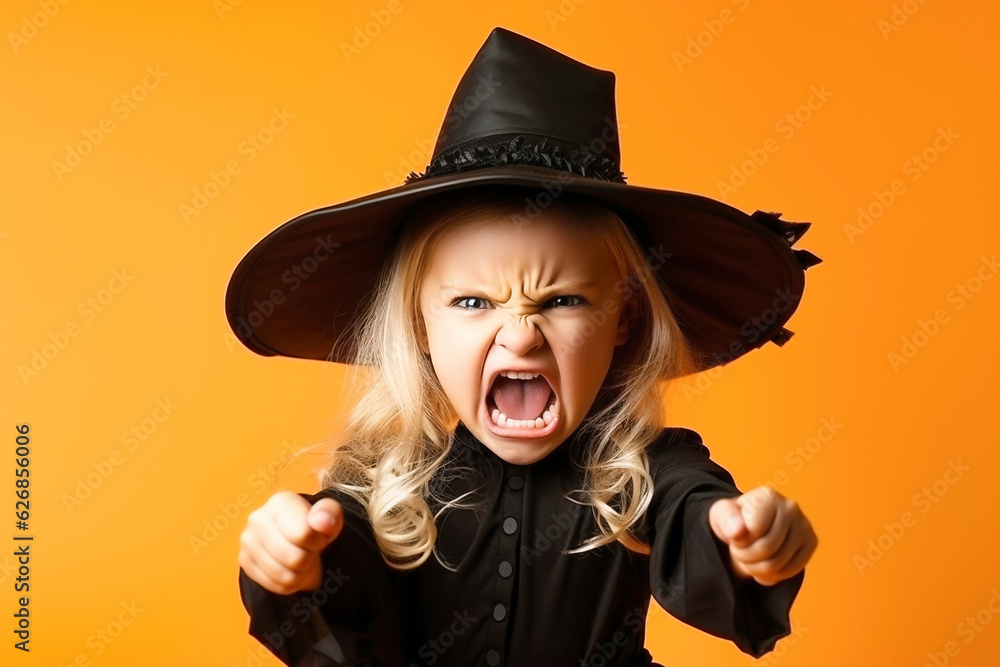 Wall mural a little girl in a witch or sorceress costume on a yellow-orange background makes a scary face in th