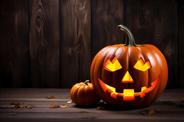 Obraz premium Halloween pumpkin head jack lantern on wooden background.