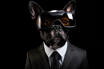 Boston Terrier In Suit And Virtual Reality On Black Background. Boston Terrier Details, Boston Terriers In Suits, Dressing Up Dogs In Suits. 