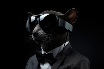 Korat In Suit And Virtual Reality On Black Background. Korat In Suit,Virtual Reality,Black Background,Future Of Technology,Emerging Trends,Styles Of Wearables. - obrazy, fototapety, plakaty