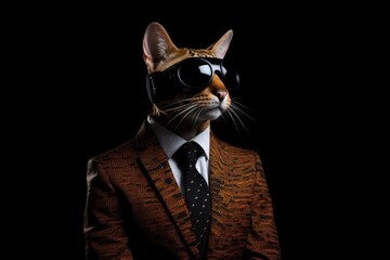 Ocicat In Suit And Virtual Reality On Black Background . Ocicat,Suit,Vr,Black Background. 