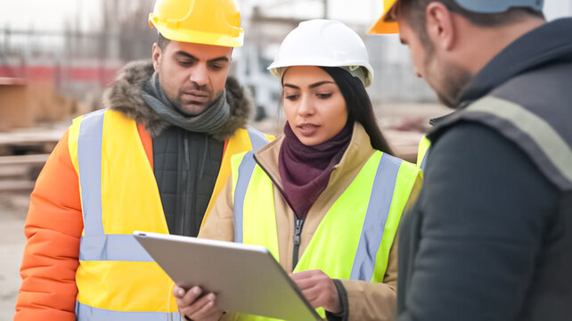 Diverse Team of specialists use tablet computer on construction site. Real Estate building project with civil engineer, architect, business investor and general worker discussing plan details.
