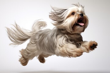 Jumping Moment, Lhasa Apso Dog On White Background . Jumping Moment, Lhasa Apso, Dog Breeds, White Background, Pet Grooming, Pet Ownership, Pet Training, Canine Health.  - obrazy, fototapety, plakaty