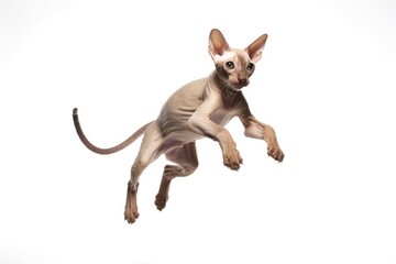 Jumping Moment, Peterbald Cat On White Background. Jumping Moment, Peterbald Cat, White Background, Cat Breeds, Feline Behavior, Cat Traits, Pet Care, Ownership Benefits. 