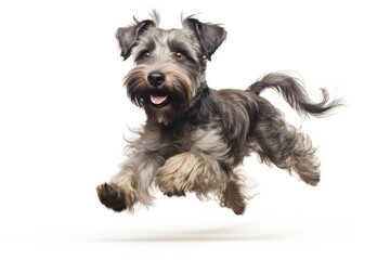 Jumping Moment, Schnoodle Dog On White Background. Jumping Moment, Schnoodle, Dog On White Backdrop, Jumping Technique, Creative Photography, Capturing Movement. 