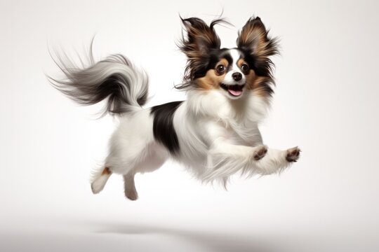 Jumping Moment, Papillon Dog On White Background. Papillon Dogs, Jumping Moment, Dog Breeds, White Backgrounds, White Pets, Obedience Training, Exercise For Dogs. 