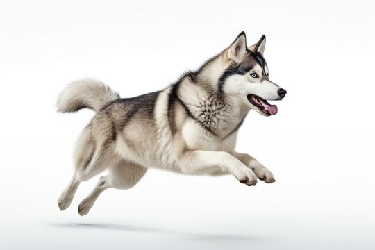 Jumping Moment, Siberian Husky Dog On White Background . Jump Experiences, Siberian Husky Breed, White Backgrounds, Working With Dogs, Taking Photos, Outdoor Activities. 