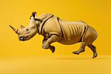 Jumping Moment, Two Rhinoceros On Yellow Background. Jumping Moment,Rhino Pairs,Yellow Background,Wildlife Photography,Acreative Twist,Powerful Movement,Telling A Story. Generative AI