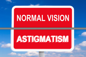 Example of normal vision versus eyesight with Astigmatism, an optical aberration of the cornea,...