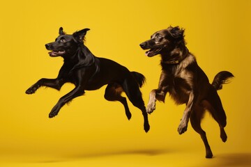 Jumping Moment, Two Somali Dogs On Yellow Background. Jumping Moment,Two Somali Dogs,Yellow Background,Fun Loving,Pet Ownership,Canine Friendship,Animal Photography. Generative AI