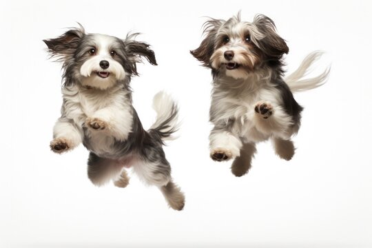 Jumping Moment, Two Ragamuffin Dogs On White Background. Jumping Moment, Dog Breeds, White Background, Cuteness, Joy, Ragamuffin Breed, Power, Photography. Generative AI