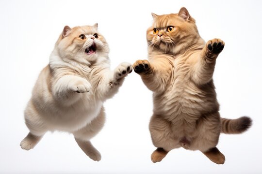 Jumping Moment, Two Scottish Fold Cats On White Background . Jumping Moment,Scottish Fold Cats,White Background,Surprise,Cuteness,Playful Mood,Friendship. Generative AI