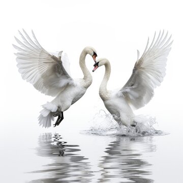 Jumping Moment, Two Swan On White Background. Jumping Moment, Two Swan On White Background Capturing The Moment, Photographing Nature, Finding Beauty. Generative AI