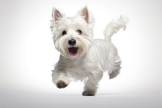 Jumping Moment, West Highland White Terrier Dog On White Background. Jumping Moment,West Highland White Terrier, Background, White, Dog, Breeds, Grooming, History. Generative AI
