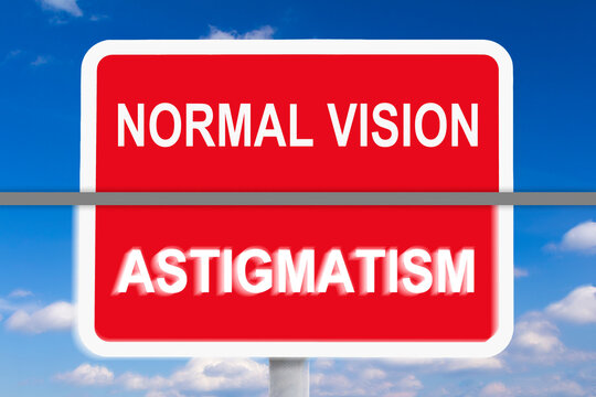 Example of normal vision versus eyesight with Astigmatism, an optical aberration of the cornea, causing blurred or blurry vision at all distances.