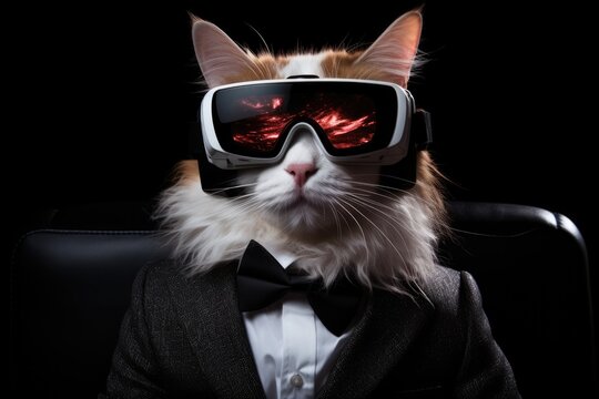 Turkish Van In Suit And Virtual Reality On Black Background. Turkish Van In Suit, Virtual Reality, Black Background, Design Trends, Color Combos, Cat Breeds. Generative AI