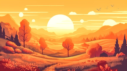 Orange autumn landscape with sunset, generative AI.
