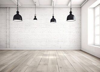Empty white brick wall illuminated by several industrial black lamps with copy space