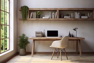 Interior of modern office with wooden walls, wooden floor, computer table and bookcase. 3d render