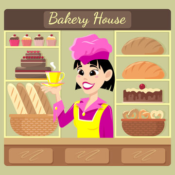 Smiling baker girl with a cup in her hand at the counter of the bakery in front of the showcase