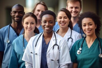 a diverse team of doctors, nurses, and support staff working. Created with generative AI technology.