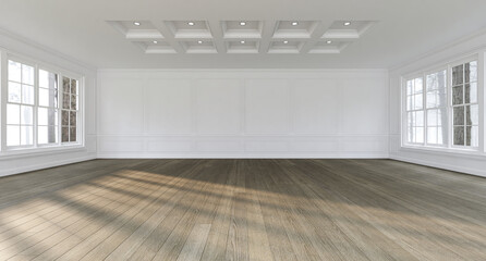 interior of the empty room classic style, with wooden floors and white walls decorated with white...