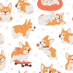 Seamless vector pattern with cartoon cute Corgi dog in various poses, enjoy ride on pink skateboard, caressing, playing