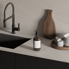 Soap bottle mock up on kitchen background with sink and decor , 3d rendering