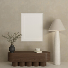 Empty poster frame mock up in modern interior with bench, floor lamp and decor , 3d rendering