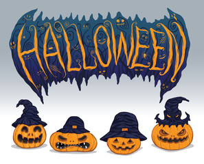 Lettering Halloween with group of pumpkin treat or trick funny party celebration background.