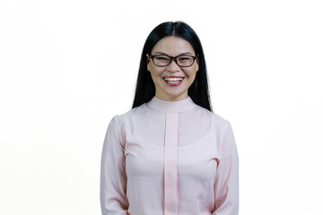 Portrait of a young smart smiling korean woman in glasses. Happy nerdy brunette girl isolated on white.