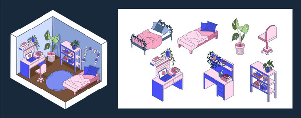 Kit for making cute isometric room. Set of furniture including beds, tables, shelves, chair, and plant. Vector.