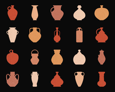 Natural ancient vases and jugs set. Silhouette collection of icons with jur. Vector pottery icons for design. Ceramic pot set. Retro ceramic vases in boho style. Clay products in traditional style